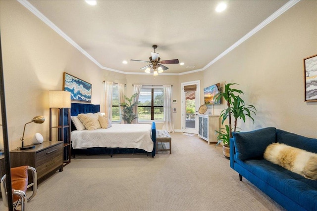 102 Standing Oak Dr, Georgetown, TX 78633 - carpeted bedroom with recessed lighting, access to exterior, crown molding, and ceiling fan