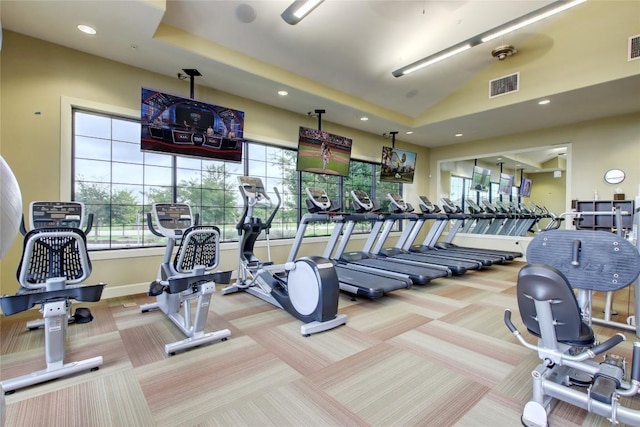 3241 Aurelia Ln, Round Rock, TX 78665 - workout area with carpet floors, healthy amount of natural light, recessed lighting, baseboards, and vaulted ceiling
