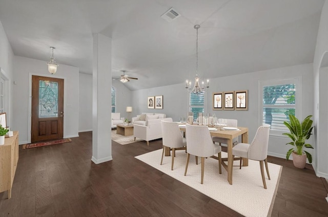 20700 Windmill Ridge St, Pflugerville, TX 78660 - dining area featuring healthy amount of natural light, dark wood finished floors, a ceiling fan, and vaulted ceiling