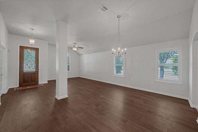 20700 Windmill Ridge St, Pflugerville, TX 78660 - foyer featuring dark wood-style floors, plenty of natural light, a chandelier, ceiling fan, and vaulted ceiling