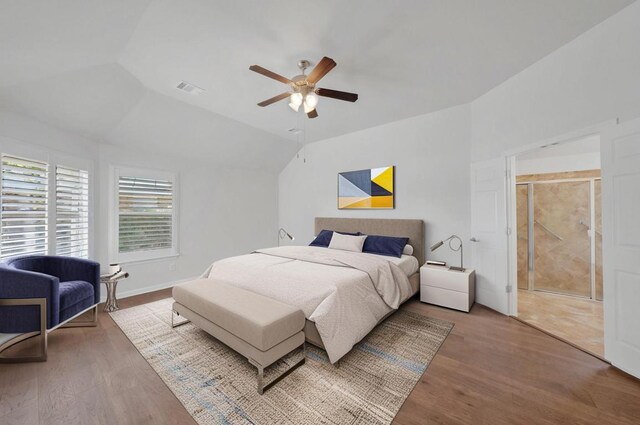 20700 Windmill Ridge St, Pflugerville, TX 78660 - bedroom with wood finished floors, vaulted ceiling, and ceiling fan