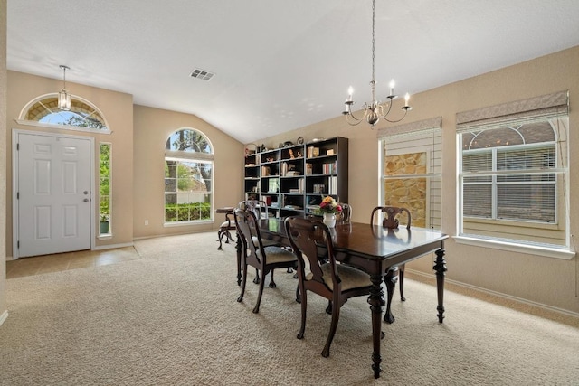 11208 Persimmon Gap Dr, Austin, TX 78717 - dining room featuring a chandelier, carpet, baseboards, and vaulted ceiling