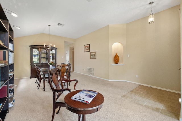 11208 Persimmon Gap Dr, Austin, TX 78717 - dining area featuring a chandelier, carpet flooring, vaulted ceiling, and baseboards