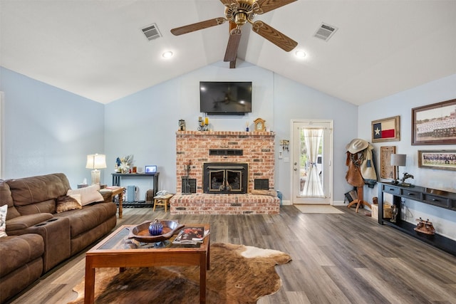 1250 S Rainbow Ranch Rd, Wimberley, TX 78676 - living area featuring a ceiling fan, wood finished floors, a fireplace, baseboards, and recessed lighting