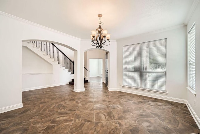 9812 Whitley Bay Dr, Austin, TX 78717 - unfurnished dining area featuring arched walkways, a chandelier, plenty of natural light, stairs, and ornamental molding