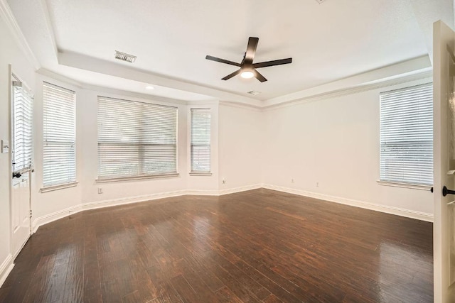 9812 Whitley Bay Dr, Austin, TX 78717 - spare room featuring a ceiling fan, baseboards, dark wood finished floors, and ornamental molding