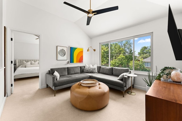 11542 Gun Fight Ln, Austin, TX 78748 - living area with vaulted ceiling, light colored carpet, a ceiling fan, and baseboards