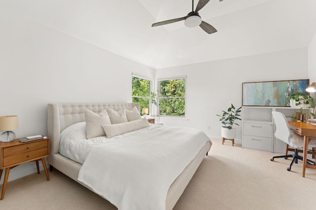 11542 Gun Fight Ln, Austin, TX 78748 - bedroom featuring light carpet, a desk, vaulted ceiling, ceiling fan, and baseboards