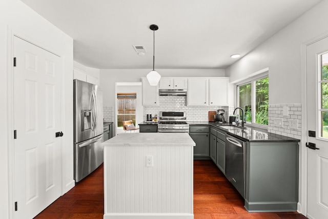 11542 Gun Fight Ln, Austin, TX 78748 - kitchen featuring stainless steel appliances, a sink, tasteful backsplash, and a kitchen island