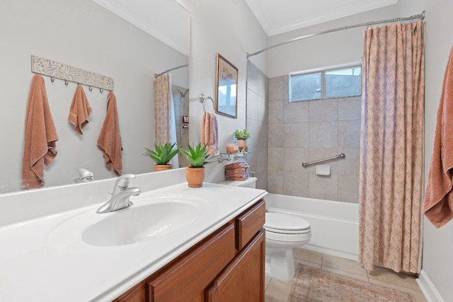 6801 Beckett Rd Unit 119L, Austin, TX 78749 - full bathroom with vanity, shower / bath combo, crown molding, and tile patterned flooring