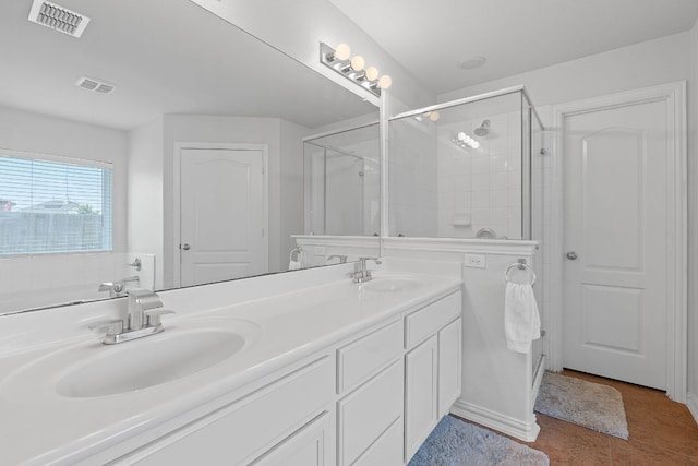 3712 Brean Down Rd, Pflugerville, TX 78660 - full bathroom with double vanity, a shower with door, and tile patterned flooring