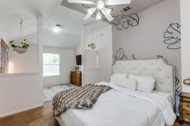 205 Tolcarne Dr, Hutto, TX 78634 - carpeted bedroom with vaulted ceiling, baseboards, and a ceiling fan
