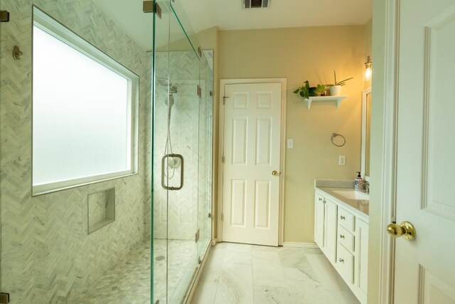1818 W Pflugerville Pkwy, Round Rock, TX 78664 - full bathroom with vanity, a stall shower, and marble look tile flooring