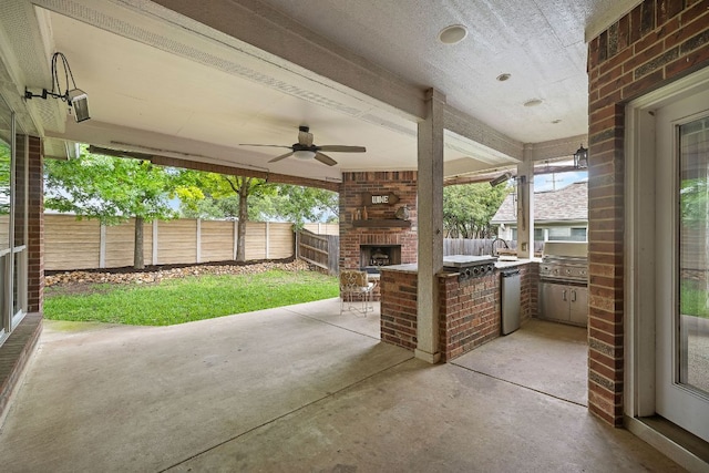 1518 Foppiano Loop, Round Rock, TX 78665 - fenced backyard featuring an outdoor brick fireplace, a patio, and a ceiling fan