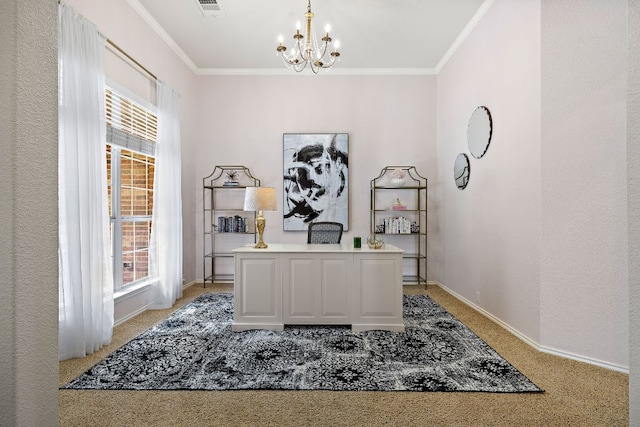 1518 Foppiano Loop, Round Rock, TX 78665 - home office with light colored carpet, a chandelier, plenty of natural light, baseboards, and ornamental molding
