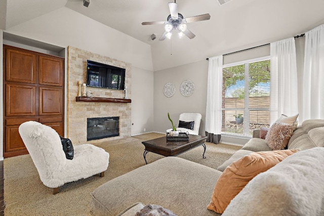 1518 Foppiano Loop, Round Rock, TX 78665 - carpeted living room featuring a ceiling fan, lofted ceiling, a stone fireplace, and baseboards