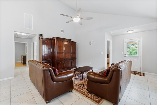 2211 Bettylou Ln, Austin, TX 78754 - living area featuring attic access, high vaulted ceiling, a ceiling fan, light tile patterned flooring, and baseboards