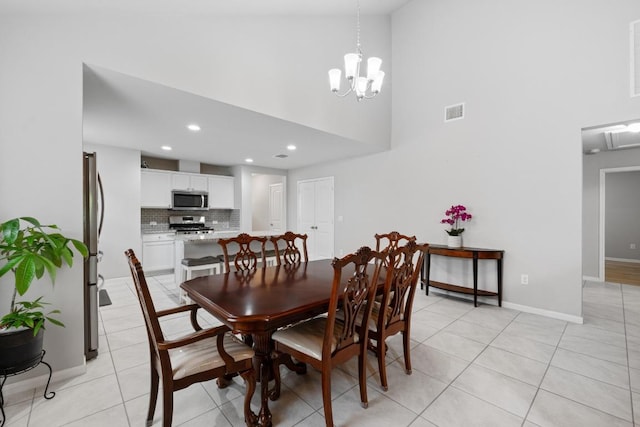 2211 Bettylou Ln, Austin, TX 78754 - dining room with high vaulted ceiling, a chandelier, baseboards, light tile patterned flooring, and recessed lighting