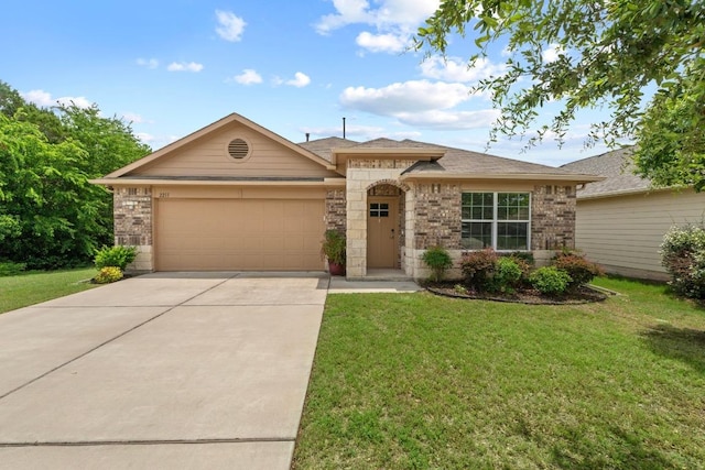 2211 Bettylou Ln, Austin, TX 78754 - view of front of house with concrete driveway, brick siding, an attached garage, and a front lawn