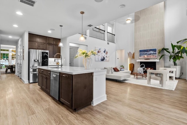 1329 Da Vinci Trl, Leander, TX 78641 - kitchen with stainless steel appliances, dark brown cabinets, light wood finished floors, open floor plan, and pendant lighting