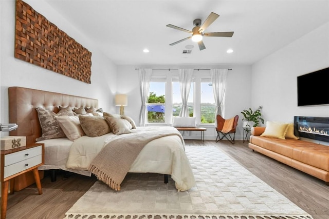 1329 Da Vinci Trl, Leander, TX 78641 - bedroom with wood finished floors, recessed lighting, a ceiling fan, and a glass covered fireplace