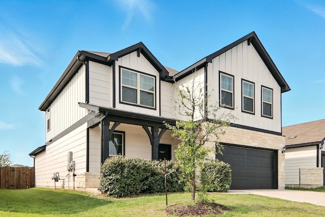 112 Black Alder St, Georgetown, TX 78626 - view of front of property featuring board and batten siding, a garage, concrete driveway, and stone siding