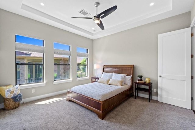 1017 Sue Ann Rose Dr, Austin, TX 78717 - bedroom featuring a tray ceiling, carpet, recessed lighting, and ceiling fan