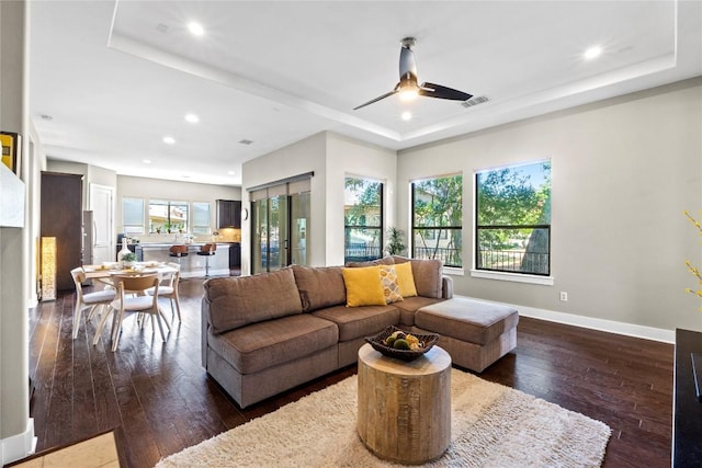 1017 Sue Ann Rose Dr, Austin, TX 78717 - living area featuring a raised ceiling, dark wood-style flooring, recessed lighting, and a ceiling fan