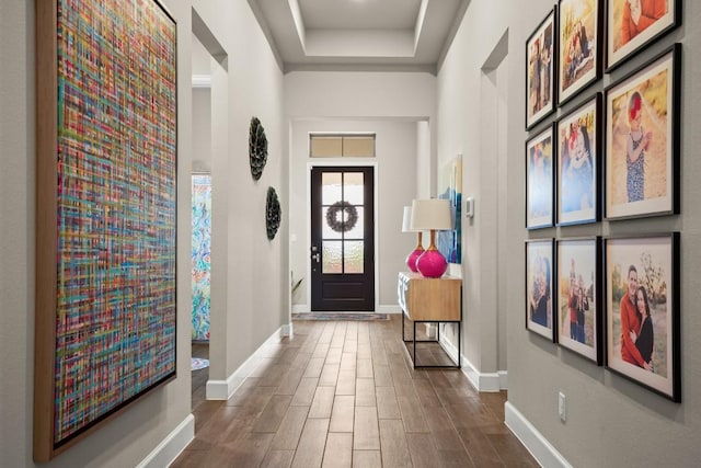 18621 James Power Ct, Austin, TX 78738 - entryway with baseboards, dark wood-style floors, and a raised ceiling