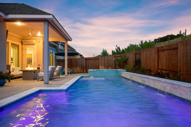 18621 James Power Ct, Austin, TX 78738 - view of swimming pool featuring a fire pit, a fenced backyard, a patio, and ceiling fan
