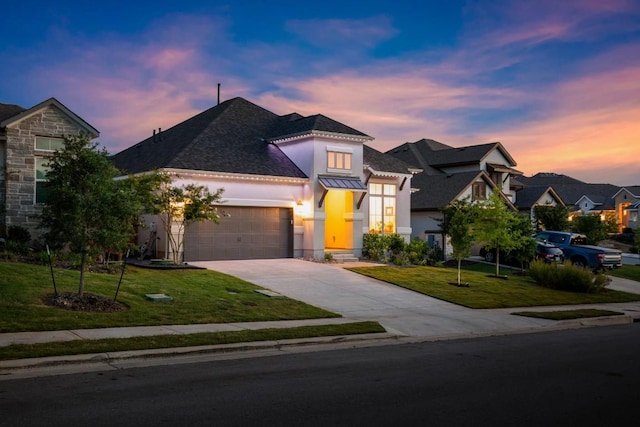 18621 James Power Ct, Austin, TX 78738 - french country inspired facade featuring stucco siding, an attached garage, concrete driveway, a yard, and stone siding