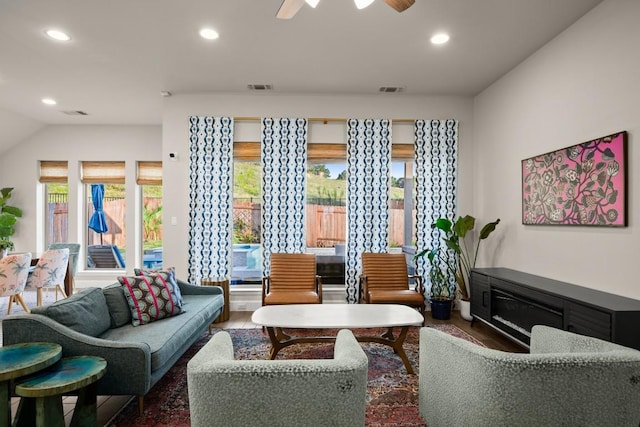 18621 James Power Ct, Austin, TX 78738 - living area with recessed lighting, a ceiling fan, and vaulted ceiling