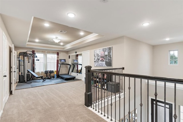 5400 Alonso Dr, Austin, TX 78738 - workout room with carpet floors, a tray ceiling, recessed lighting, and ornamental molding