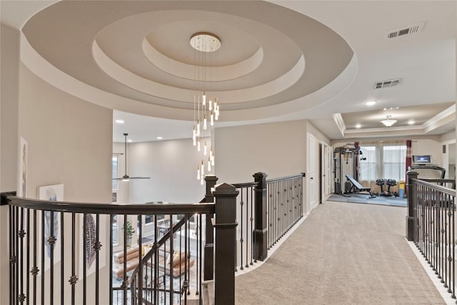5400 Alonso Dr, Austin, TX 78738 - corridor with a raised ceiling, an upstairs landing, carpet flooring, and recessed lighting
