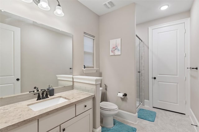 5400 Alonso Dr, Austin, TX 78738 - bathroom featuring toilet, a shower stall, vanity, and baseboards