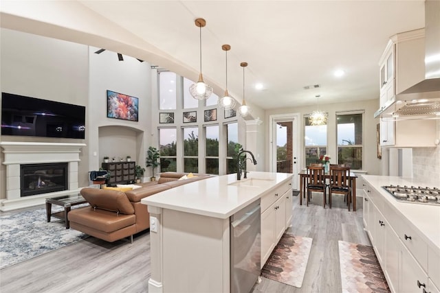 5400 Alonso Dr, Austin, TX 78738 - kitchen featuring stainless steel appliances, wall chimney range hood, a sink, light wood finished floors, and light countertops