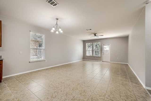 9008 Tall Sky Trce, Austin, TX 78724 - unfurnished room with a ceiling fan, a chandelier, light tile patterned floors, and baseboards
