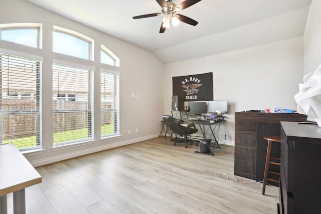13212 Carol Lawler Ln, Manor, TX 78653 - office space featuring lofted ceiling, wood finished floors, and a ceiling fan