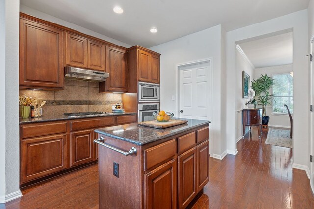 9905 Palmbrook Dr, Austin, TX 78717 - kitchen featuring under cabinet range hood, appliances with stainless steel finishes, baseboards, dark wood-type flooring, and dark stone countertops