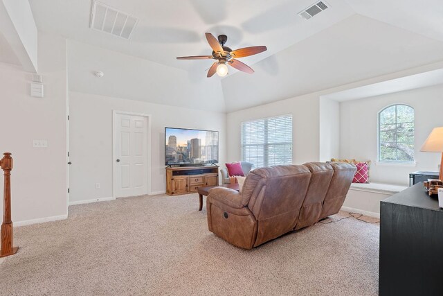 9905 Palmbrook Dr, Austin, TX 78717 - carpeted living room featuring ceiling fan, vaulted ceiling, and baseboards