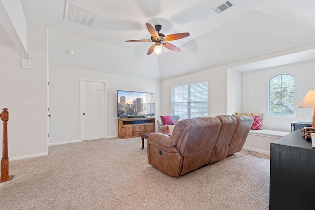 9905 Palmbrook Dr, Austin, TX 78717 - living area with a ceiling fan, light colored carpet, and vaulted ceiling