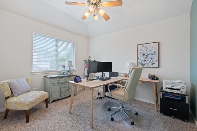 9905 Palmbrook Dr, Austin, TX 78717 - office with light colored carpet, a ceiling fan, baseboards, and vaulted ceiling