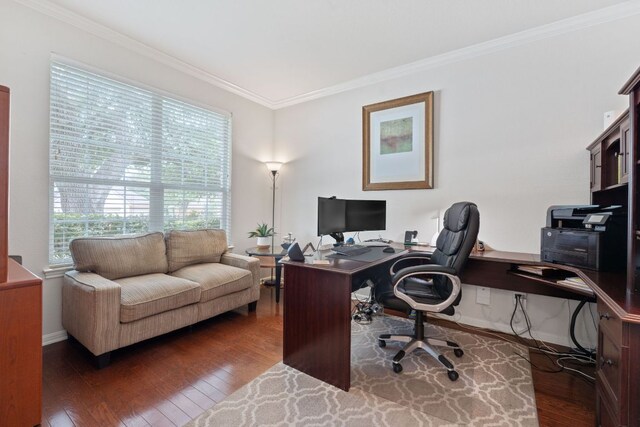 9905 Palmbrook Dr, Austin, TX 78717 - home office featuring hardwood / wood-style flooring, ornamental molding, and baseboards