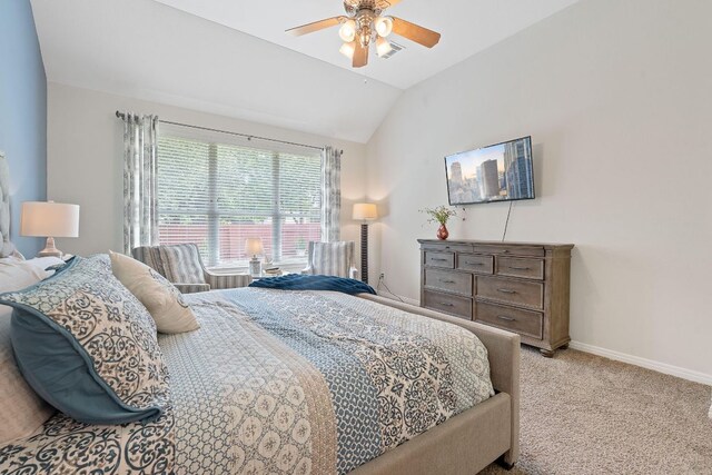 9905 Palmbrook Dr, Austin, TX 78717 - carpeted bedroom featuring lofted ceiling, ceiling fan, and baseboards