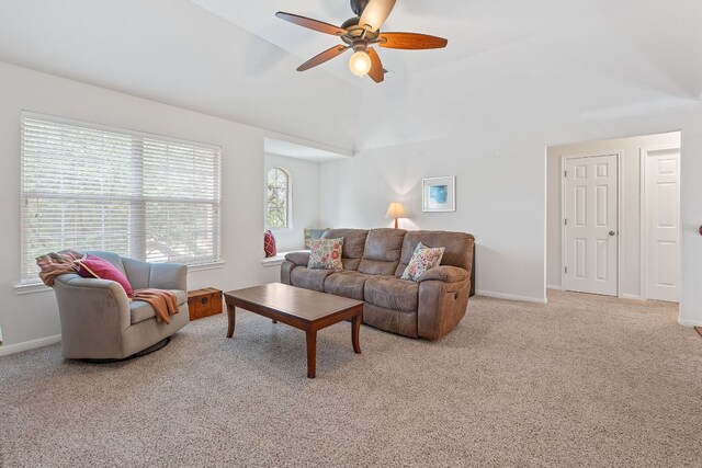 9905 Palmbrook Dr, Austin, TX 78717 - carpeted living room featuring ceiling fan, vaulted ceiling, and baseboards
