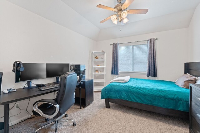 9905 Palmbrook Dr, Austin, TX 78717 - bedroom with carpet floors, vaulted ceiling, ceiling fan, and a desk