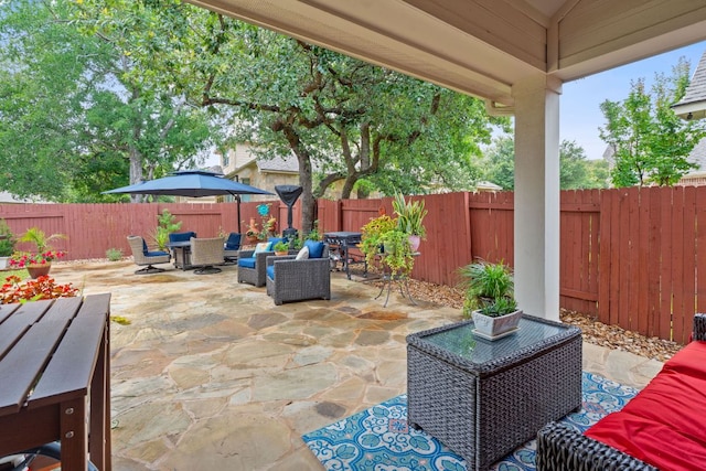 9905 Palmbrook Dr, Austin, TX 78717 - fenced backyard featuring outdoor dining area, a patio area, and an outdoor living space