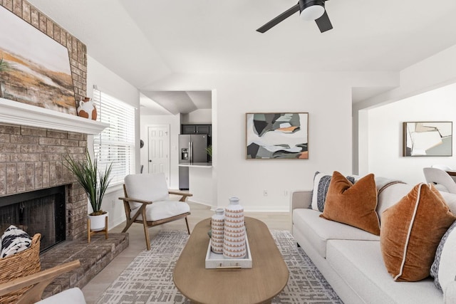 8005 Willet Trl, Austin, TX 78745 - living area with ceiling fan, a fireplace, and lofted ceiling
