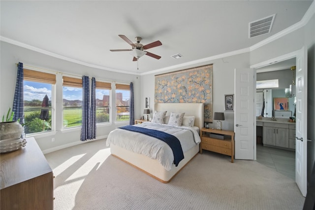 941 Linden Loop, Driftwood, TX 78619 - bedroom featuring crown molding, light carpet, and ceiling fan