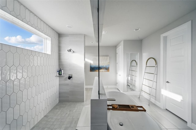 941 Linden Loop, Driftwood, TX 78619 - bathroom featuring tile patterned floors, walk in shower, double vanity, and recessed lighting